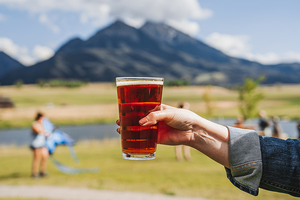 A pint of beer with Emigrant Peak in the background.