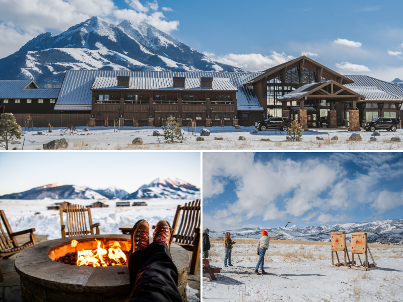 A collage of the lodge during winter, a person enjoying the firepit, and a group of people axe throwing.